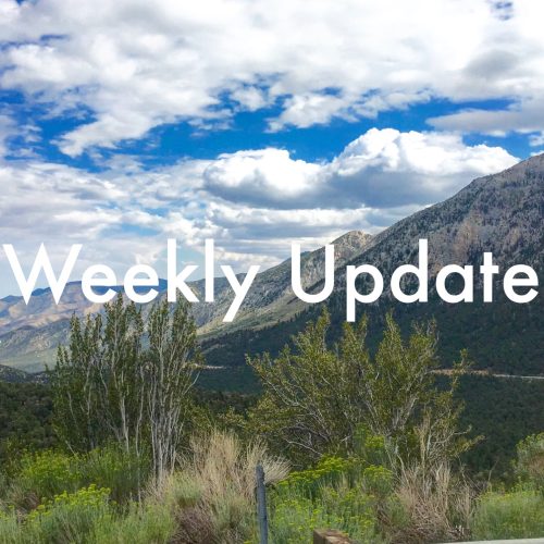 Weekly Update in white text over an expansive mountain vista with highway 158 and puffy clouds in the distance