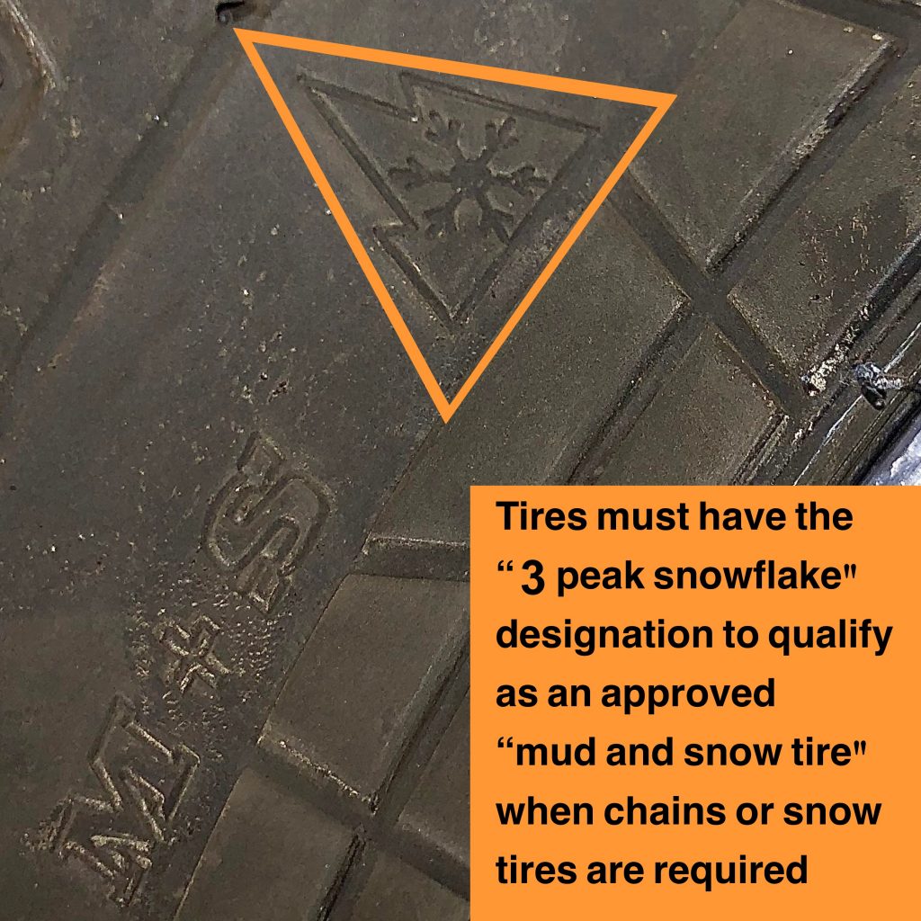 Tires must have the "three peak mutain with snowflake" designation to qualify as an approved "mud and snow tire" when chains or snow tires are required