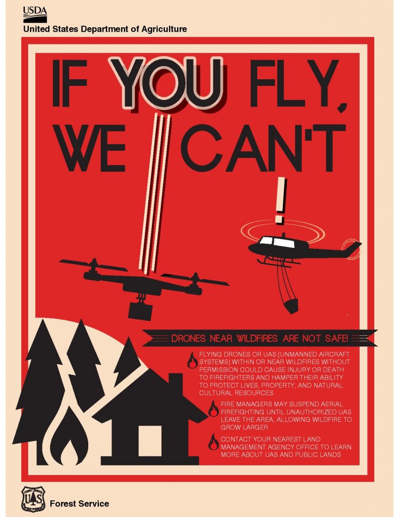 If you fly, we can't- drones are prohibited in fire areas. black artistic rendering of two drones over a forest owith a red background