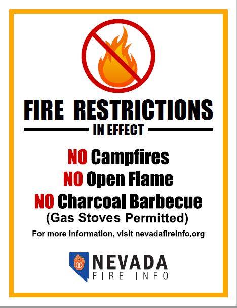 fire restrictions in effect including no campfires, no open flames, no charcoal barbecue. Gas stoves are permitted if they have an on/off switch