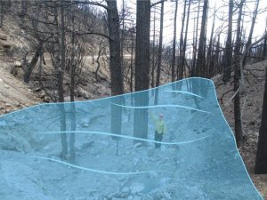 blue graphic over man standing in a dry wash showing the high water level of 2013 flood in Harris Springs Canyon