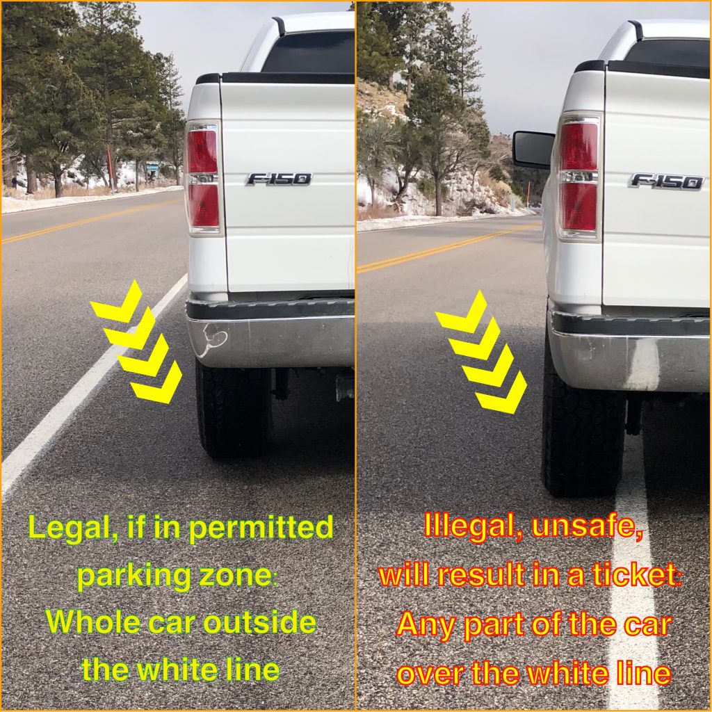 Vehicles must park all the way to the right of the white line when parking on the side of the road. Parking in the road blocks traffic and emergency vehicles and can resutl in a fine and being towed.